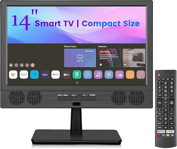 Feihe 14 Inch Small Smart TV, HD LED Flat Screen Smart TV with ATSC Tuner/HDMI/USB/AV for Kitchen, RV, Camper, Bedroom or Travel Use
