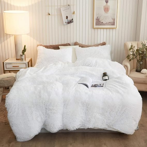 XeGe Luxury Fluffy Plush Shaggy Faux Fur Duvet Cover Set, Queen, White