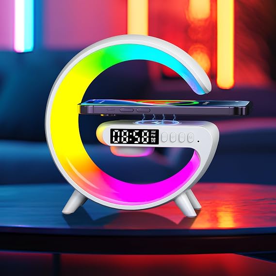 Wireless Charger Lamp, Alarm Clock with 15W Wireless Charging, G Shaped Atmosphere Lamp, Smart Table Lamp, Bluetooth Speaker 10 Modes Led Lights, Bedside Light Gifts for Teens Kids Boys Girls Bedroom [Energy Class G]
