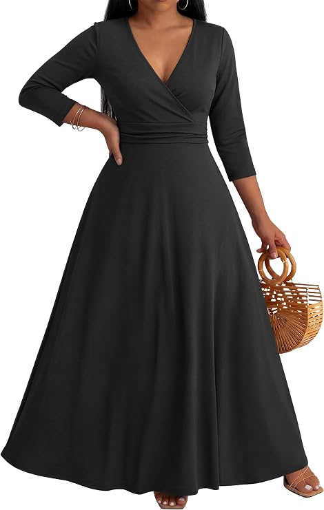 CLOCOR Maxi Dress for Women Long Summer Short Sleeve Evening Formal V Neck A Line Dresses Wedding Guest Empire Waist Elegant