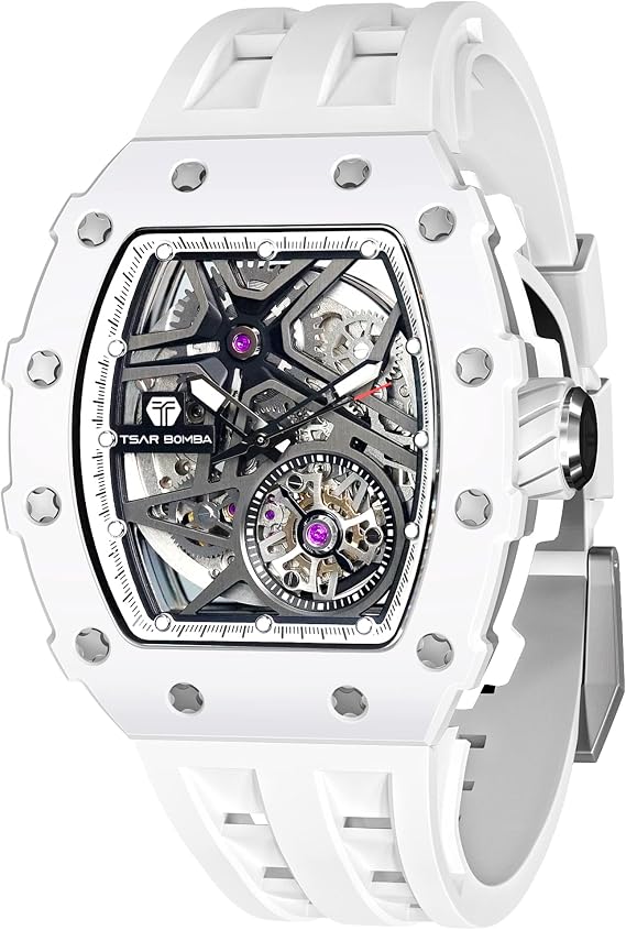 TSAR BOMBA Men's Automatic Watch Mechanical Tonneau Luxury Skeleton Watches for Men 50M Waterproof Analogue Work Mens Wrist Watch Unique Cool Design Square Silver Big Face Wristwatch Silicone Strap