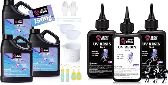 LET'S RESIN 300g Large Capacity White & Black UV Resin and 1500g Low Shrinkage, Clear Ultraviolet Epoxy Resin