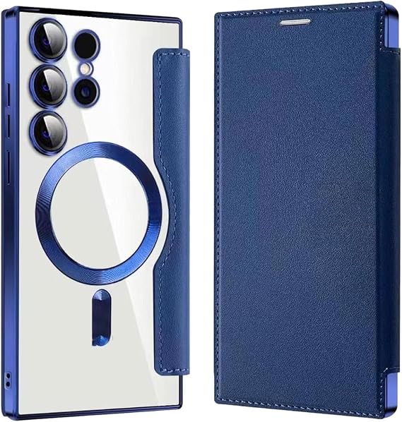 Leather Textured Flip Phone Case for Samsung,Slim Fit PU Leather Protective Flip Phone Shell (Blue, S24 Ultra)