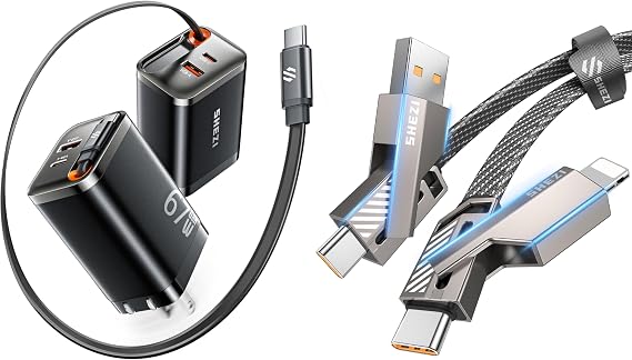 SHEZI 67W GaN USB C Charger (Black) with 5FT 60W 4 in 1 Flat Nylon Braided Charging Cable (Grey)