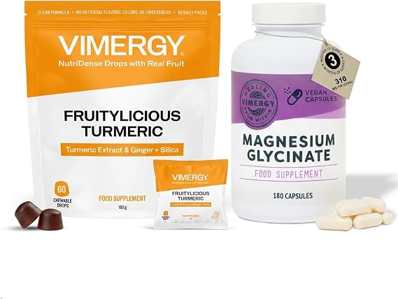 Vimergy NutriDense Fruitylicious Turmeric + Ginger Chewables (60 Count) & Magnesium Glycinate (180 caps)