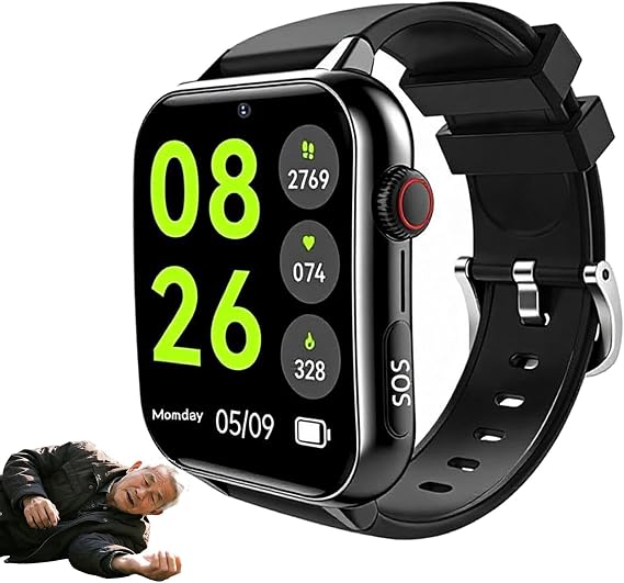Fall Alert Devices,4g Smartwatch for Independent Seniors with Sos, Fall Alert, Voice Time, Gps and Safety Perimeter,Gifts for Parents and Elders Black