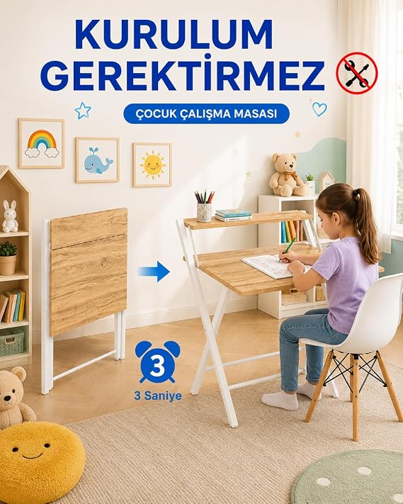 Dobo Çocuk Öğrenci Katlanır Çalışma Ders Masası, Beyaz - Çam