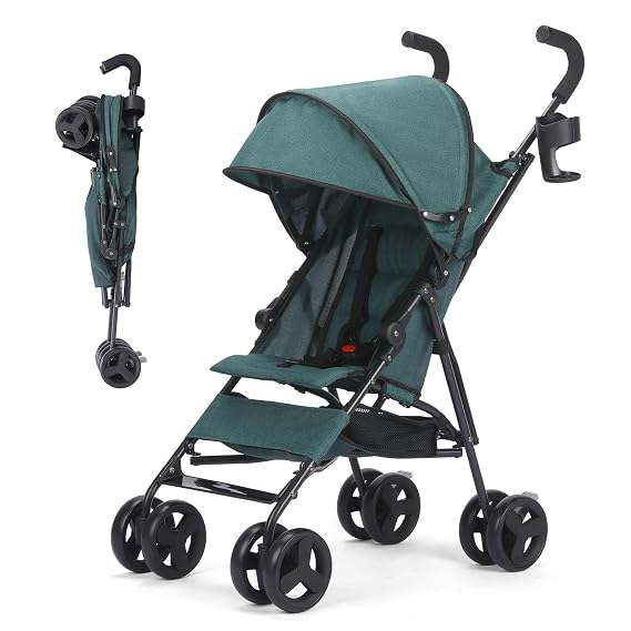 6-36M Baby Stroller, Umbrella Stroller with Foldable Pushchair with Adjustable Canopy, Folding Infant Newborn Pram Stroller with Storage Basket, Cup Holder, Suspension Wheels for Infants (Dark Green)