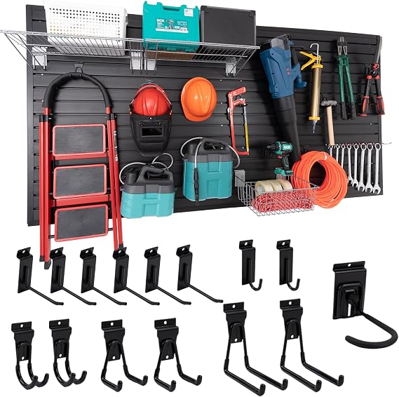 FRAYSCENT Slat Wall Paneling Garage Slat Wall Storage Systems Slatwall Panels Power Tool Organizer Wall Mount, PVC Garage Storage & Organization Products Slate Board (Black, 4ft x 8ft with 15 Hooks)