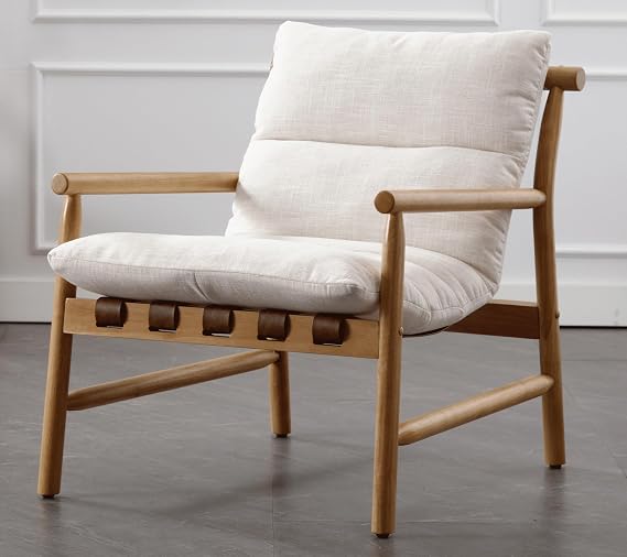 Linen Accent Chair Mid Century Modern Living Room Chairs Comfy Arm Chair with Solid Wood Frame Upholstered Lounge Reading Chair Cozy Recliner for Bedroom/Guest Room, Beige