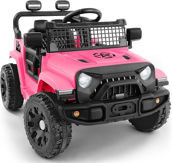 ELEMARA 12V Ride on Toys, Electric Vehicles for Kids w/3 Speeds, 3.5 mph Max, Ride on Car with Remote Control, Motorized Truck, Kids Electric Car w/Bluetooth, LED Lights, Shock Absorbers-Light Pink