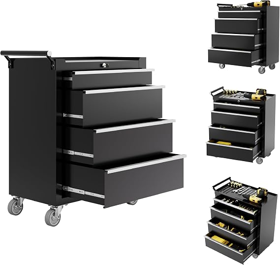 IDEALHOUSE Rolling Tool Chest, 4 Drawers Tool Storage Cabinet, Toolbox with Wheels, Portable Tool Cabinet Organizer with Locking System & Drawer Liners, Tool Storage Cart for Garage, Workshop, Black