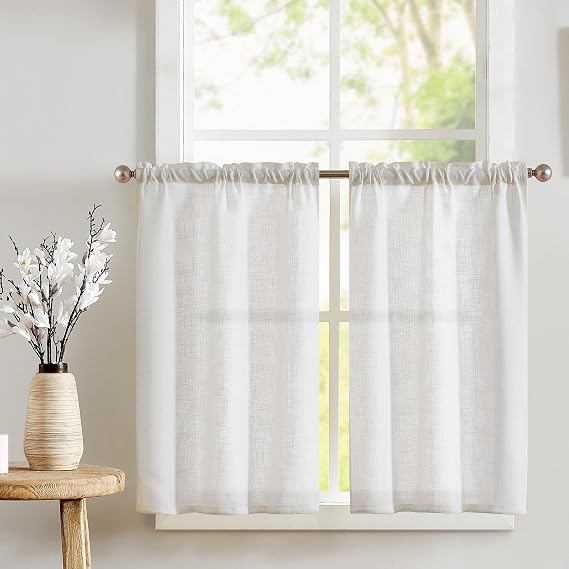 Linen Kitchen Curtains 36 Inch Length, Cafe Curtains Modern Half Window Drapes, Over Sink Light Filtering Drapes for Bedroom Bathroom Living Room Window, Rod Pocket 2 Panels, White