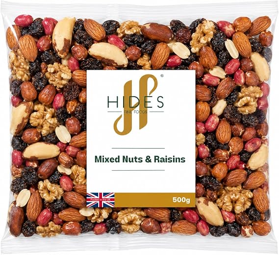 Hides Fine Foods - Mixed Nuts & Raisins 500g - GMO Free - Suitable for Vegetarians - Great for Baking, Flapjacks, Granola, Trail Mix, Christmas Snacks