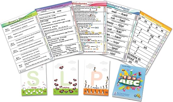 5 Charts with ABC Note Pad Speech Educational Chart Set, include Acquisition, Milestone, Phonological Pattern, Early Language Development, Brown's stages of language, processed by age for SLP, speech language pathologist. 8.3 x 11.7 inch Speech support chart