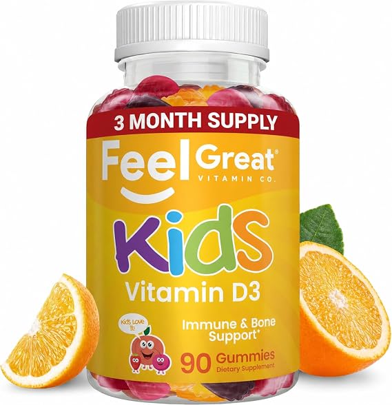 Feel Great Kids Vitamin D3 1000 IU Gummies, Bone & Immune Support, 90ct | Vitamin D3 for Immune & Bone Support, Citrus Flavor, Vegetarian Gummy, Year-Round Sunshine Nutrient