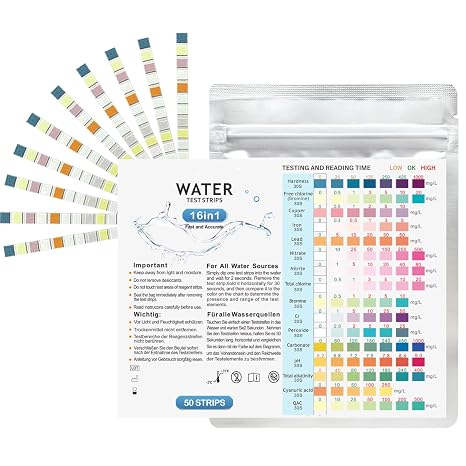 16-in-1 Water Testing Kits for Drinking Water 50 Strips | Drinking Water Test Kit Measure Water Hardness, Free Chlorine, Iron, Copper, Lead, pH, Nitrate Content and More
