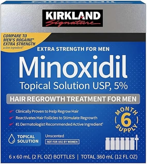 Kirkland Signature Minoxidil Topical Solution USP 5%, Extra Strength Hair Regrowth Treatment for Men, 6 Months Supply