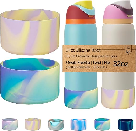 WK IEASON 2Pcs Silicone Water Bottle Boot for Owala 32oz, Protective Flask Bottom Cover Base for Owala FreeSip Twist and Flip Flask Bottles (Colorful Pink/Blue, 32OZ)