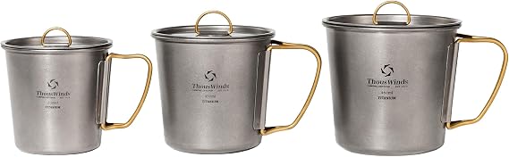 Thous Winds Titanium 250-450ml Camping Mugs Set, 3pcs with Lid & Foldable Handle