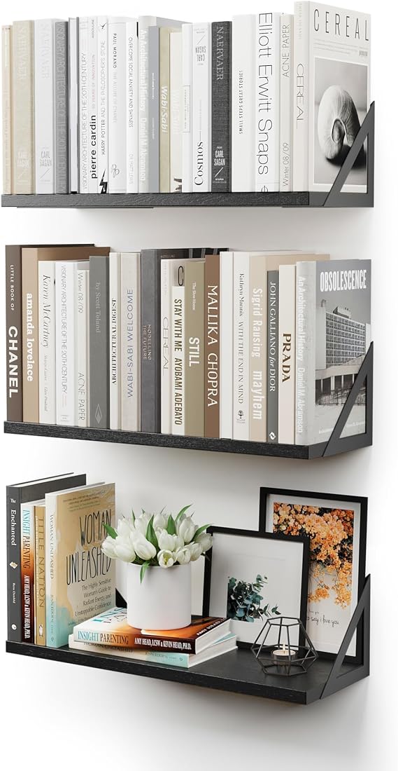 CASSA TOKO Wall Mounted Floating Book Shelves for Wall Set of 3, Shelf Bookshelf for Bedroom Living Room Office Bathroom Kitchen Rustic Wood with Metal Bracket (Black)