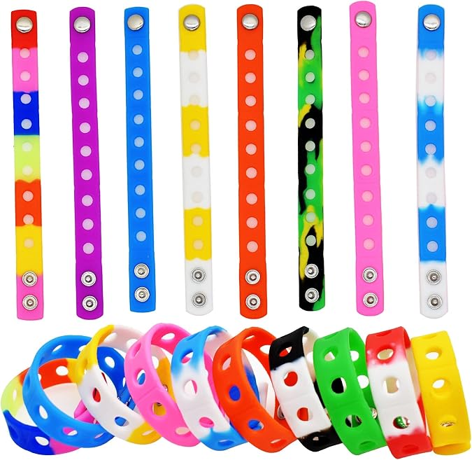 Papacharms 10/20/30/50/100PCS 7 Inch Wristbands Silicone Random Colors Bracelets Adjustable Bracelet Mixed Cute Charm Wristband With Hole for Shoe Charms Party Birthday Gifts