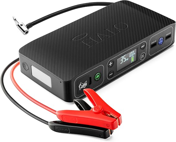 HALO Bolt Air 58830 Portable Car Battery Jump Starter | 100 PSI Air Compressor, 58.8Wh USB Power Bank, Emergency Floodlight & Charger, Jumps Cars SUVs & Trucks, Inflates Tires, TSA Approved Black