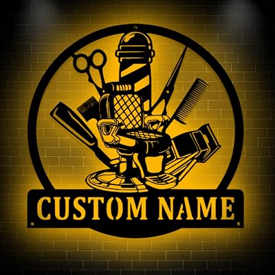 Custom Barbershop Metal Wall Art With LED Light, Personalized Barber Name Sign Decoration For Room, Gift for Baber, Hair Stylist, Salon Owner, Barbershop Metal Sign LED Decor for Xmas