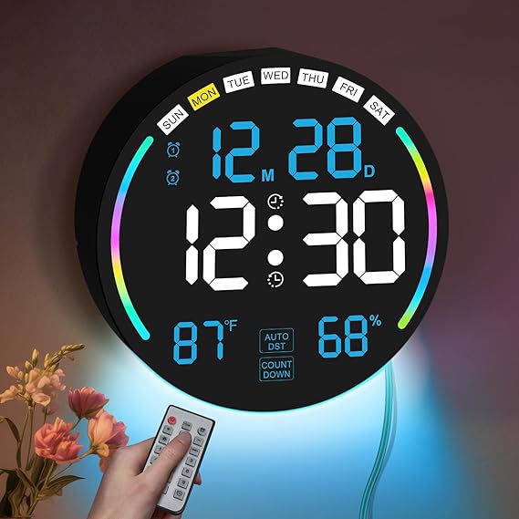 Large Digital Wall Clock with 10.3"Big LED Wall Clock Display,Alarm,Countdown Timer,DST,Temperature, Humidity Auto-Dimming,Remote Control,Night Light for Classroom,Bedroom,Living Room,Office,Gym