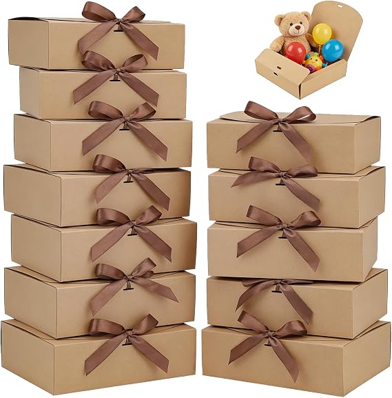 Kraft Gift Boxes for Presents, 12Pcs Kraft Paper Gift Boxes with Lid & Ribbon, 20x20x10cm Gift Box with Lids for Wedding Birthday Festival Party Present Packaging