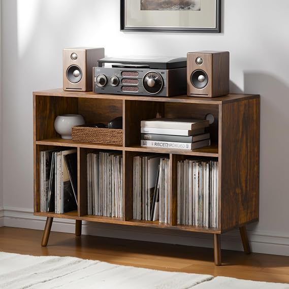 Record Player Stand with Vinyl Storage Cabinet, Wood Turntable Table Open Shelf Holder Up to 350 Albums Cube Storage Organizer for Living Room, Office, Rustic Brown