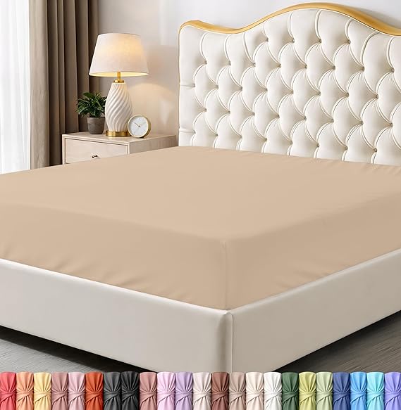Full Fitted Sheet, Ultra Soft Fits Up to 16 Inch Deep Pocket, Beige | Hotel Comfort, Cooling & Breathable Cotton like Polyester, Easy Fit, Wrinkle & Fade Resistant, Snug Fit, Easy Care, Oeko-Tex