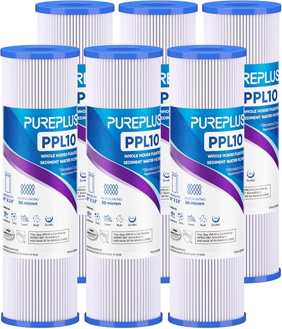 PUREPLUS 20 Micron 10"x2.5" Whole House Pleated Sediment Filter PPL10 6Pack