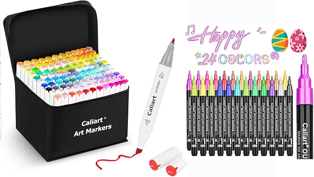 Caliart 121 Colors Alcohol Based Markers, 24 Double-Line Drawing Pens, Permanent Markers Mother's Day Gift for Mom, Kids, Adults, Artist, Cards, Drawing