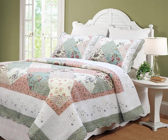 Cozy Line Home Fashions Floral Real Patchwork Green Peach Scalloped Edge Country 100% Cotton Quilt Bedding Set, Reversible Coverlet Bedspread (Celia, Queen - 3 piece)