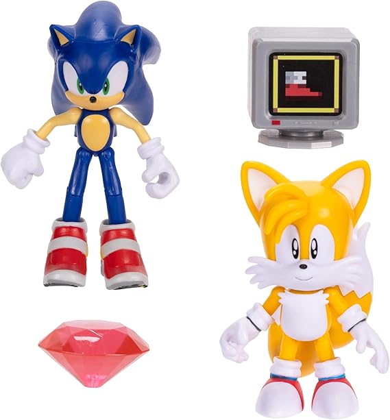 Sonic The Hedgehog 4" Poseable Action Figure Wave #20 2PK - Red Chaos Emerald Sonic with Power Sneaker Tail Item Box Accessory
