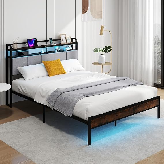 COSTWAY Single/Double/King Size Bed Frame with RGB LED Lights, Charging Station and Upholstered Storage Headboard, Industrial Metal Slats Support Platform Bed Base Mattress Foundation (5FT King)