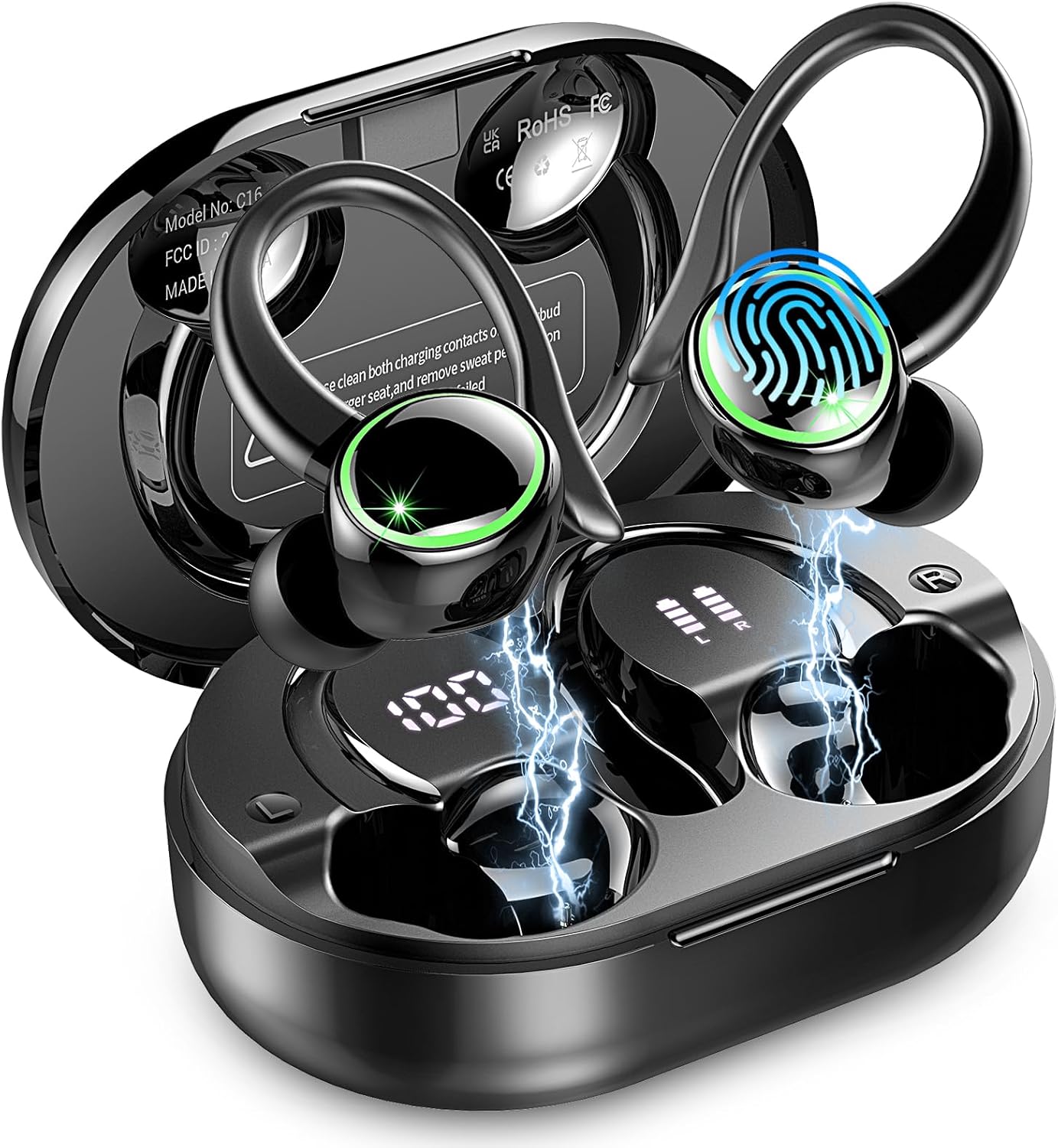 Wireless Earbuds, Bluetooth 5.4 Headphones Sports, 50H Playback Over-Ear buds with ENC Noise Cancelling Mic, Deep Bass Fitness Earphones with Earhooks, IP7 Waterproof Headset for Gym Running Workout