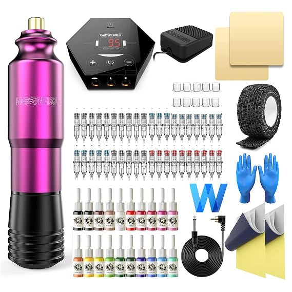 Wormhole Tattoo Kit Rotary Tattoo Machine Kit Professional Tattoo Gun 40pcs Cartridge Needles 20pcs Tattoo Inks Tattoo Power Supply Complete for Beginners and Artists TK202