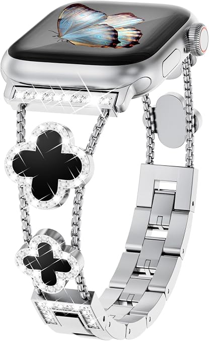 WINGLE Bling Band for Apple Watch Band Women 40mm 41mm 38mm 42mm 44mm 45mm 46mm Series 12 11 10 9 8 7 6 5 4 SE 3 2 1, Sparkle Diamond Bracelet Cute Lucky 4 Leaf Clover Dressy iWatch Bands
