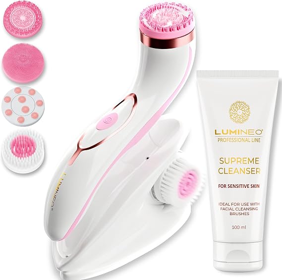 LUMINEO Facial Cleansing Brush Pro - Silicone Brush Heads & Cleansing Gel for Pores, Peeling, Blackhead Removal, USB Face Scrubber for Ladies, Home Spa, Skin Care Automation (Rose)