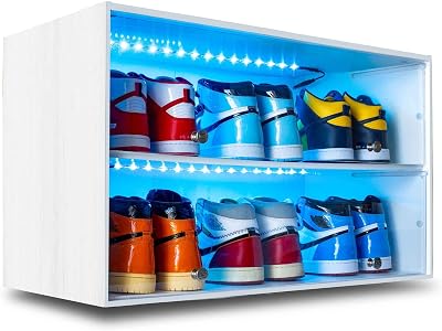 Sneaker Throne Shoe Rack with Lights for Up To 6 Pairs of Shoes, White - Sleek Wood Shoe Shelf with Sliding Doors For Bedrooms, Outdoors, Garages - Premium Shoe Organizers and Storage for Closets