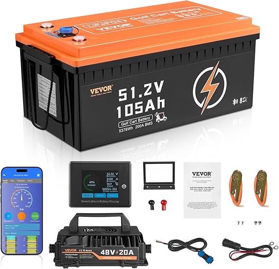 VEVOR 48V 105Ah Golf Cart Lithium Battery Golf Cart Battery with 200A BMS | for Golf Carts, LCD Monitor and Mobile APP, Fast Charging LiFePO4 Battery, with 600A Peak Current, 20A Charger, 4000+ Cycles