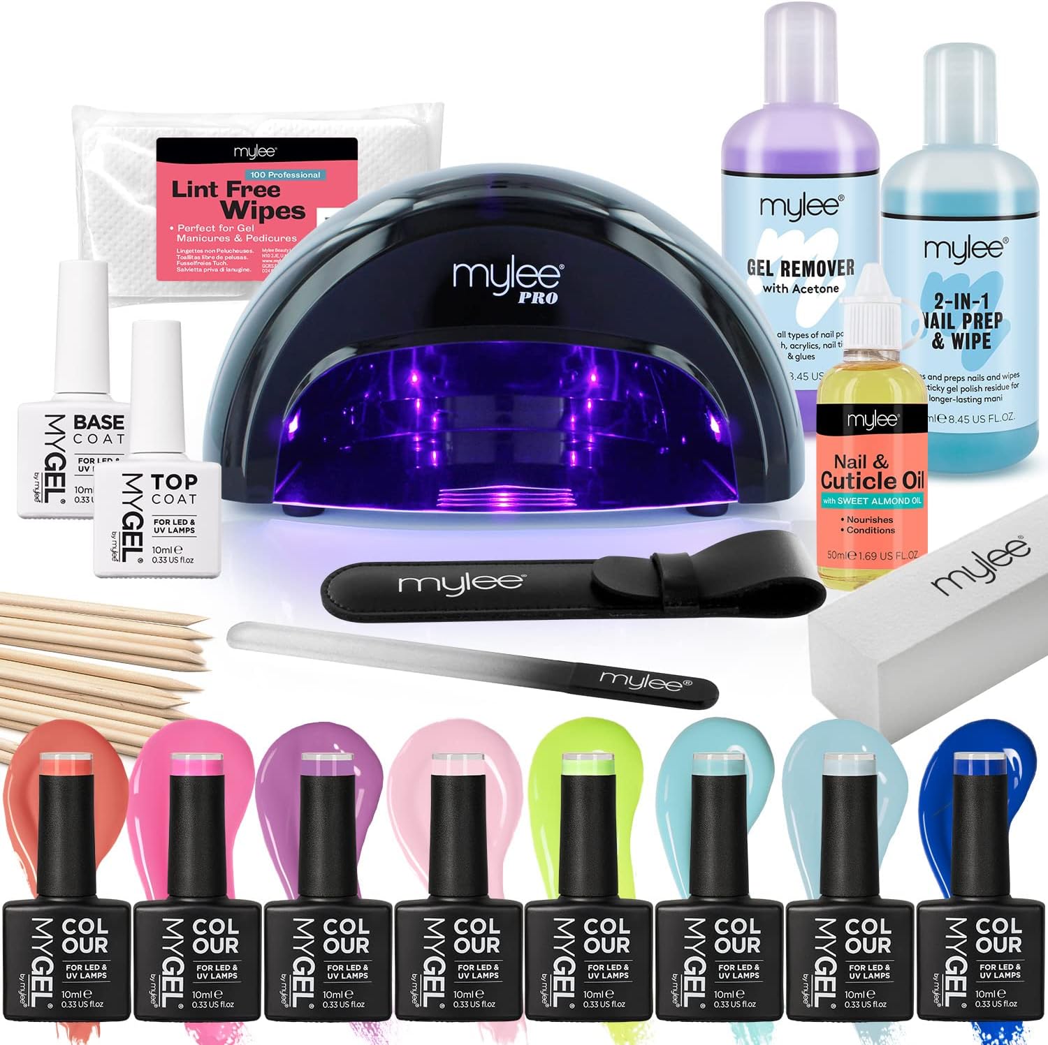Mylee The Full Works Gel Nail Polish LED Lamp Kit, 8x MYGEL Colours, Top &amp;amp; Base Coat, Mylee PRO Salon Series Convex Curing LED Lamp, Prep &amp;amp; Wipe, Gel Remover AutumnWinter - Black Lamp