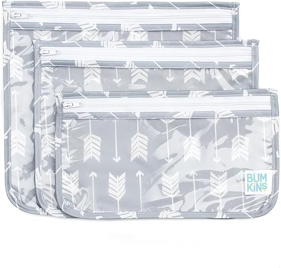 Bumkins Travel Bag, Toiletry, TSA Approved Pouch, Zip Bag, Quart Size Airline Compliant, Clear-Sided, Baby, Diaper Bag Organization, Makeup, Accessories, Packing, Set of 3 Sizes, Gray Arrows