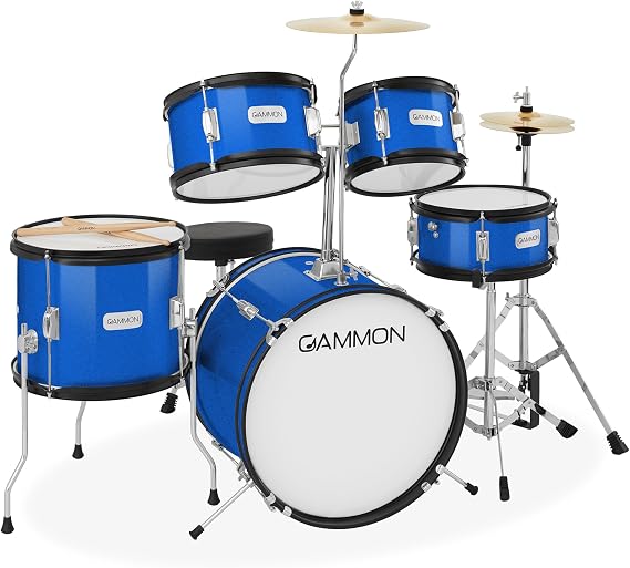 Gammon Percussion 5-Piece Kids Drum Set, Complete Junior Drum Kit with Cymbals, Hardware, Sticks, Throne - Blue