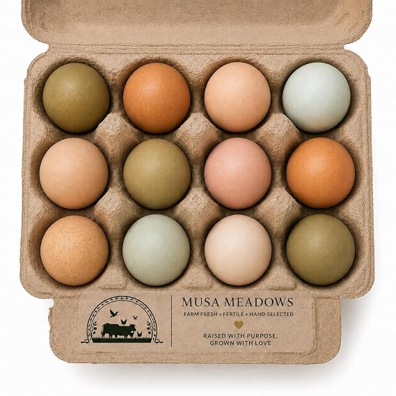 Musa Meadows Olive and Rainbow Hatching Eggs, 12 Fertile Farm Fresh Eggs, Easter Egger and Olive Egger Mix, Pasture Raised Free Range