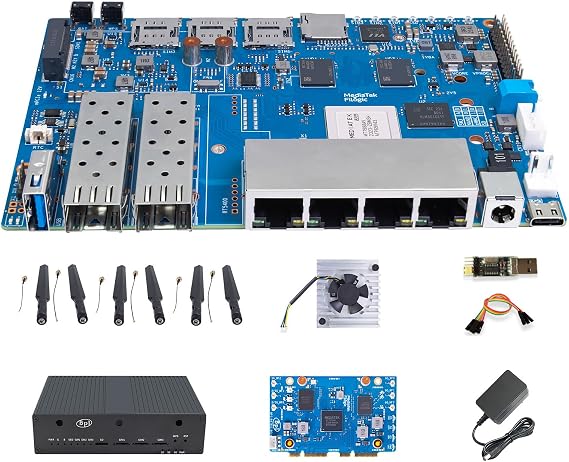 youyeetoo Banana Pi BPI R4 WiFi 7 Router Single Board Computer - Assembled, 4GB RAM, 8GB eMMC, MediaTek MT7988A Chip, 2X 10Gbe SFP Slots, 4X Gbe Ports, Metal Case (Wi-Fi 7 Paket Bulk)