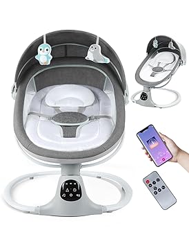 Electric Baby Swing for Infants to Toddler, 0-9 Months Portable Swing Rocker 5 Sway Speed, Bluetooth,12 Preset Lullabies with Remote Control, Infant Swing for Baby Boys & Girls, Grey