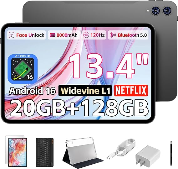 TECLAST 13.4" Android Tablet with Keyboard, 4G LTE, Large Screen Tablet | Android 16 system, 120Hz FHD display, 20GB RAM+128GB storage, expandable to 1TB. Includes case for work, study & gaming.
